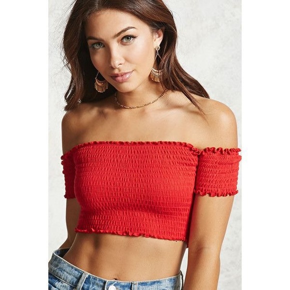 RED OFF-THE- SHOULDER SMOCKED TOP - Picture 2 of 8
